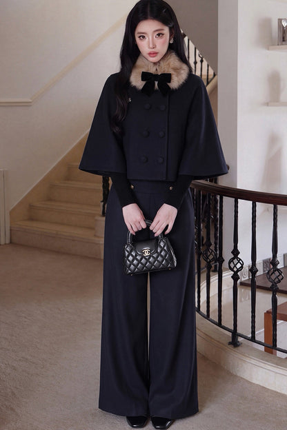Knitted Inner Top and Bow Collar Cape Coat and Skirt Set-Up