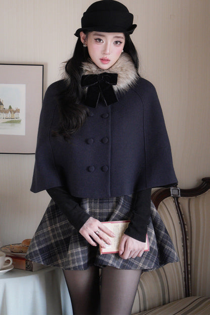 Knitted Inner Top and Bow Collar Cape Coat and Skirt Set-Up