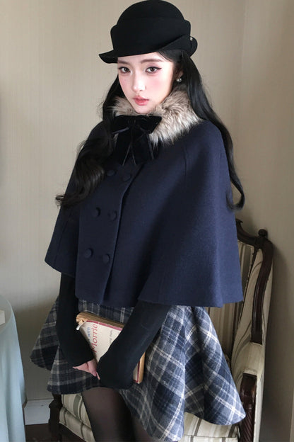 Knitted Inner Top and Bow Collar Cape Coat and Skirt Set-Up
