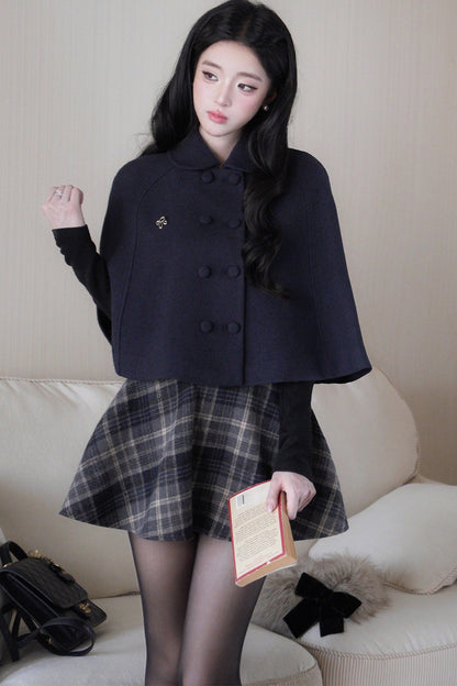 Knitted Inner Top and Bow Collar Cape Coat and Skirt Set-Up