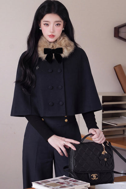 Knitted Inner Top and Bow Collar Cape Coat and Skirt Set-Up