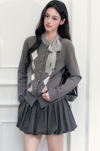 Layered-Look Argyle Sweater And Skirt Set-Up