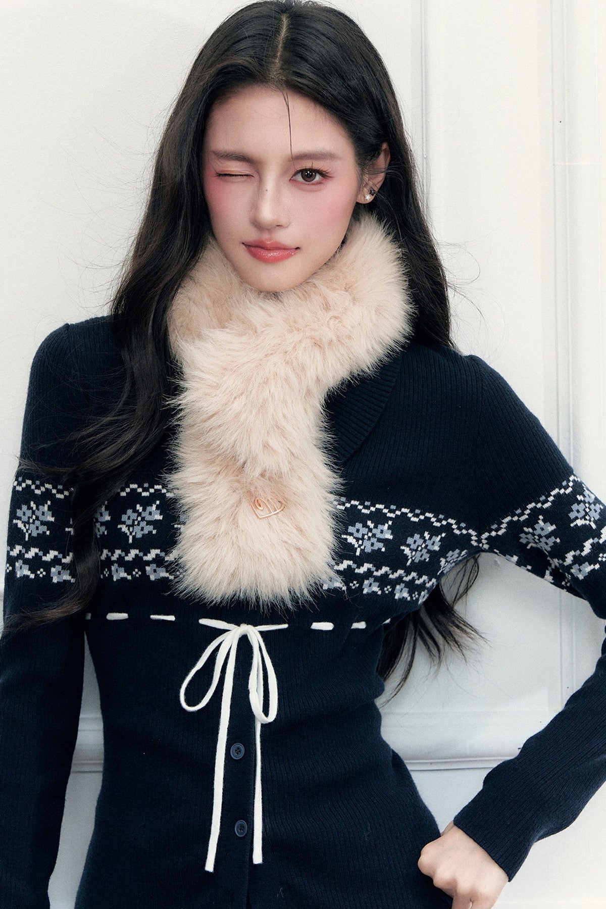 Navy Fair Isle Cardigan and Plaid Skirt Set-Up