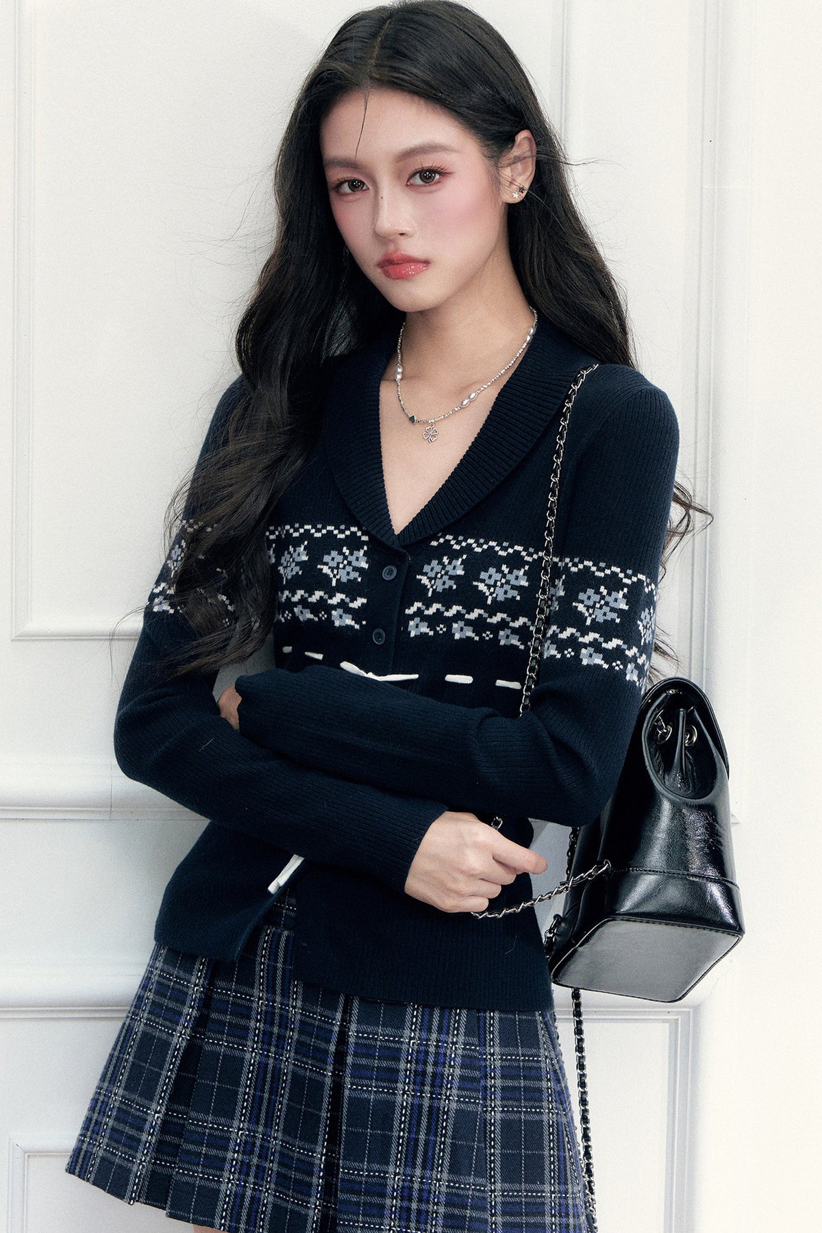 Navy Fair Isle Cardigan and Plaid Skirt Set-Up
