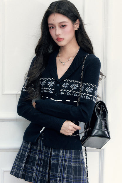 Navy Fair Isle Cardigan and Plaid Skirt Set-Up