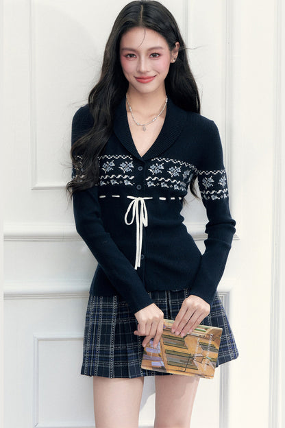Navy Fair Isle Cardigan and Plaid Skirt Set-Up