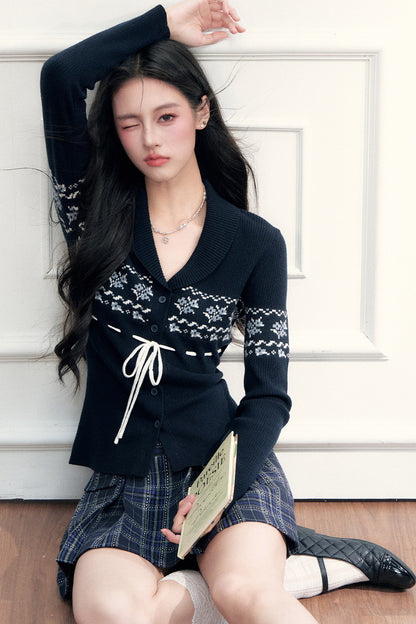 Navy Fair Isle Cardigan and Plaid Skirt Set-Up
