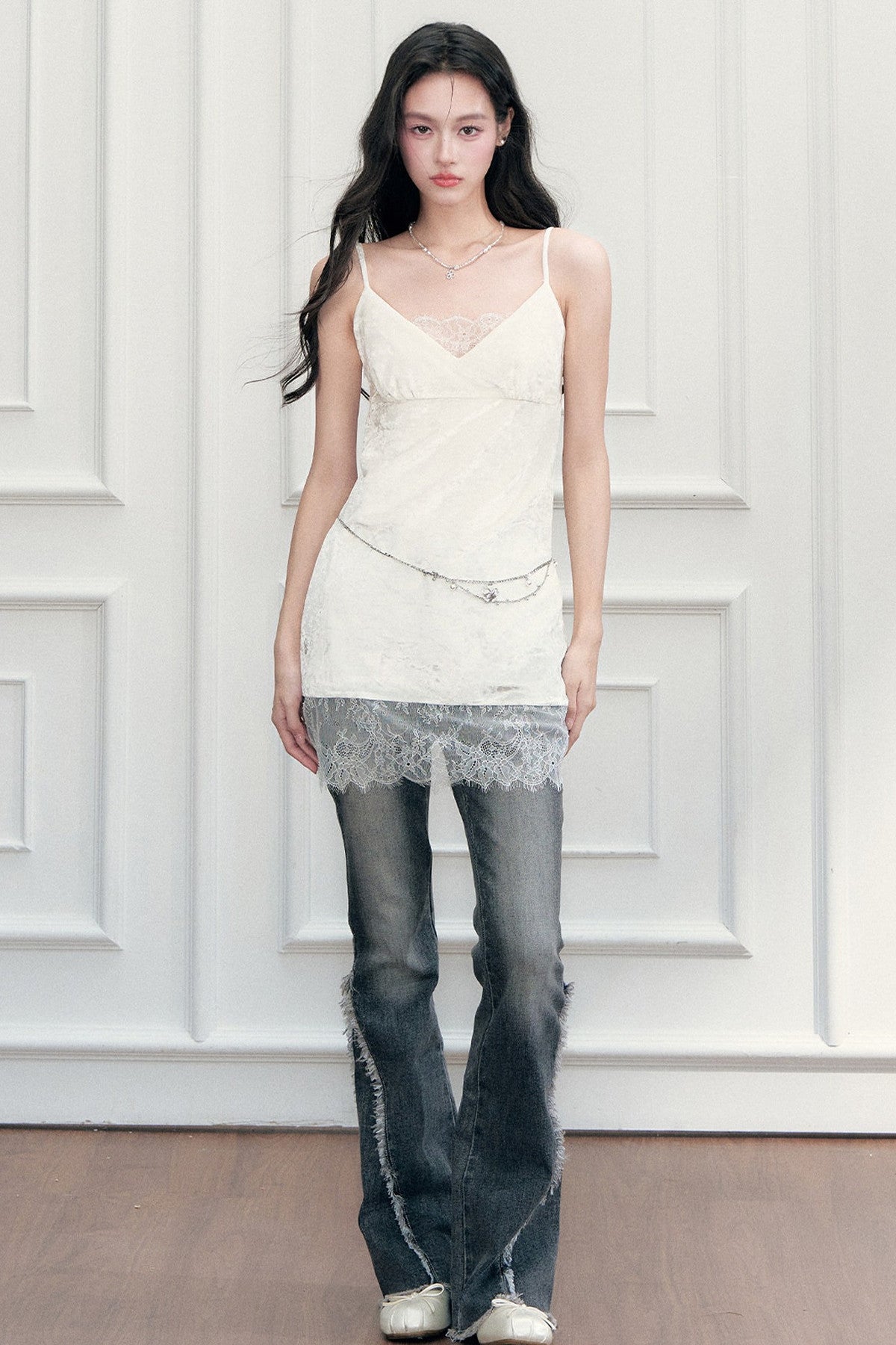 Eyelash Lace Velvet Texture Patchwork Layered Camisole