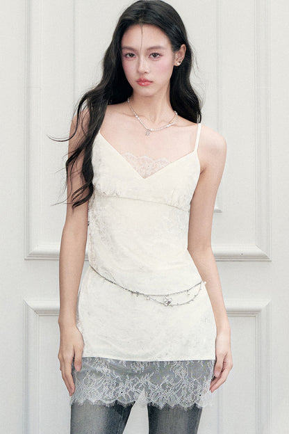 Eyelash Lace Velvet Texture Patchwork Layered Camisole