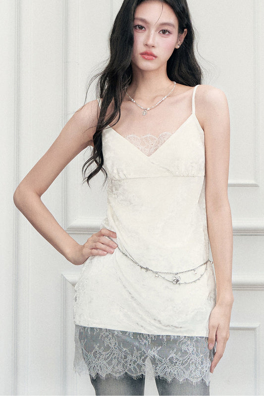 Eyelash Lace Velvet Texture Patchwork Layered Camisole