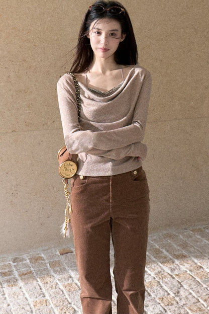 Beaded Ribbon Cowl Neck Knit Top