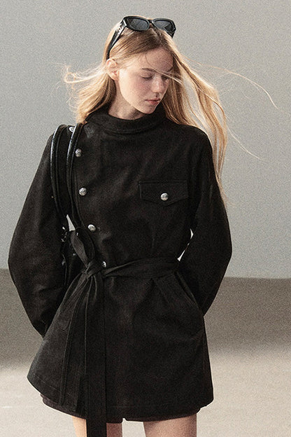 Ruffled High-Neck Trench Coat