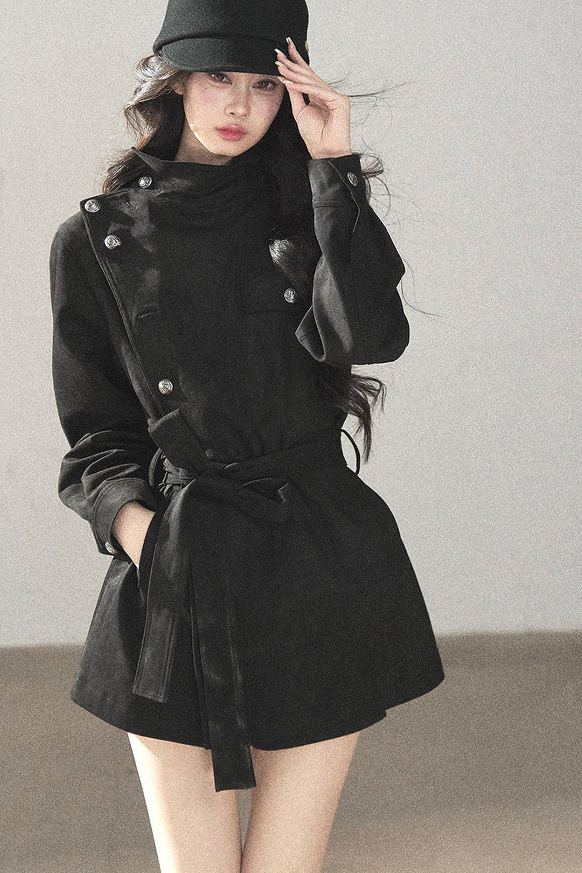 Ruffled High-Neck Trench Coat