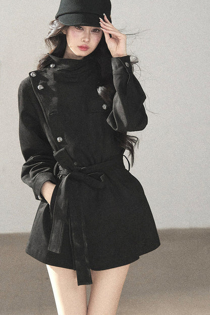 Ruffled High-Neck Trench Coat