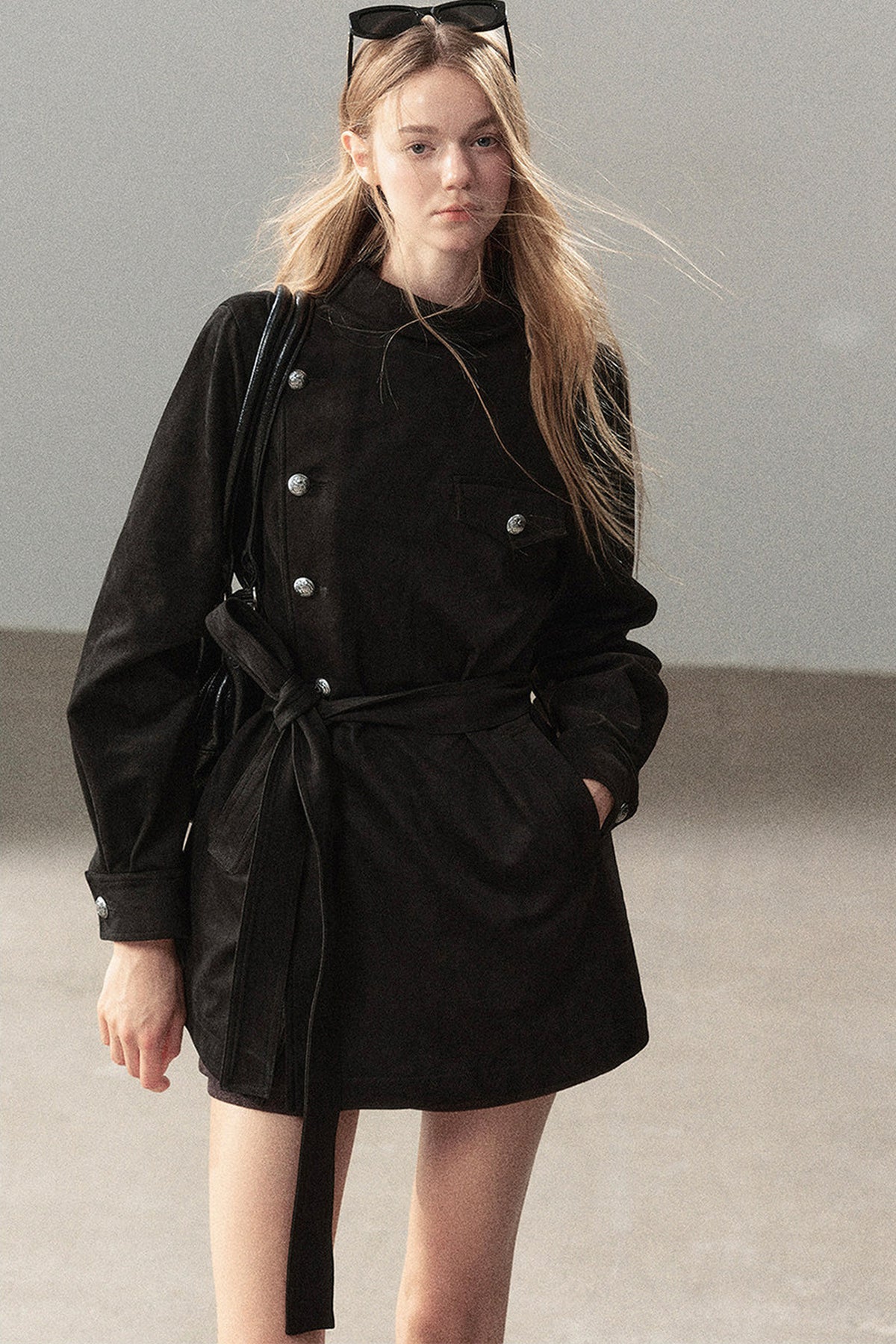 Ruffled High-Neck Trench Coat