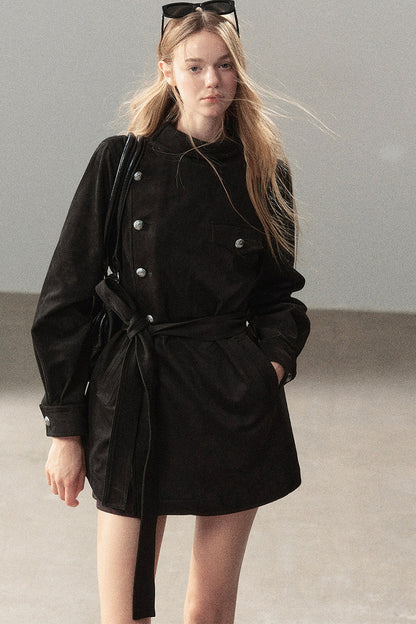 Ruffled High-Neck Trench Coat
