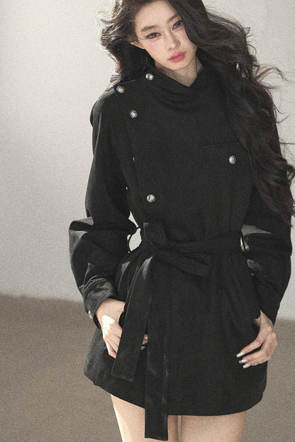 Ruffled High-Neck Trench Coat