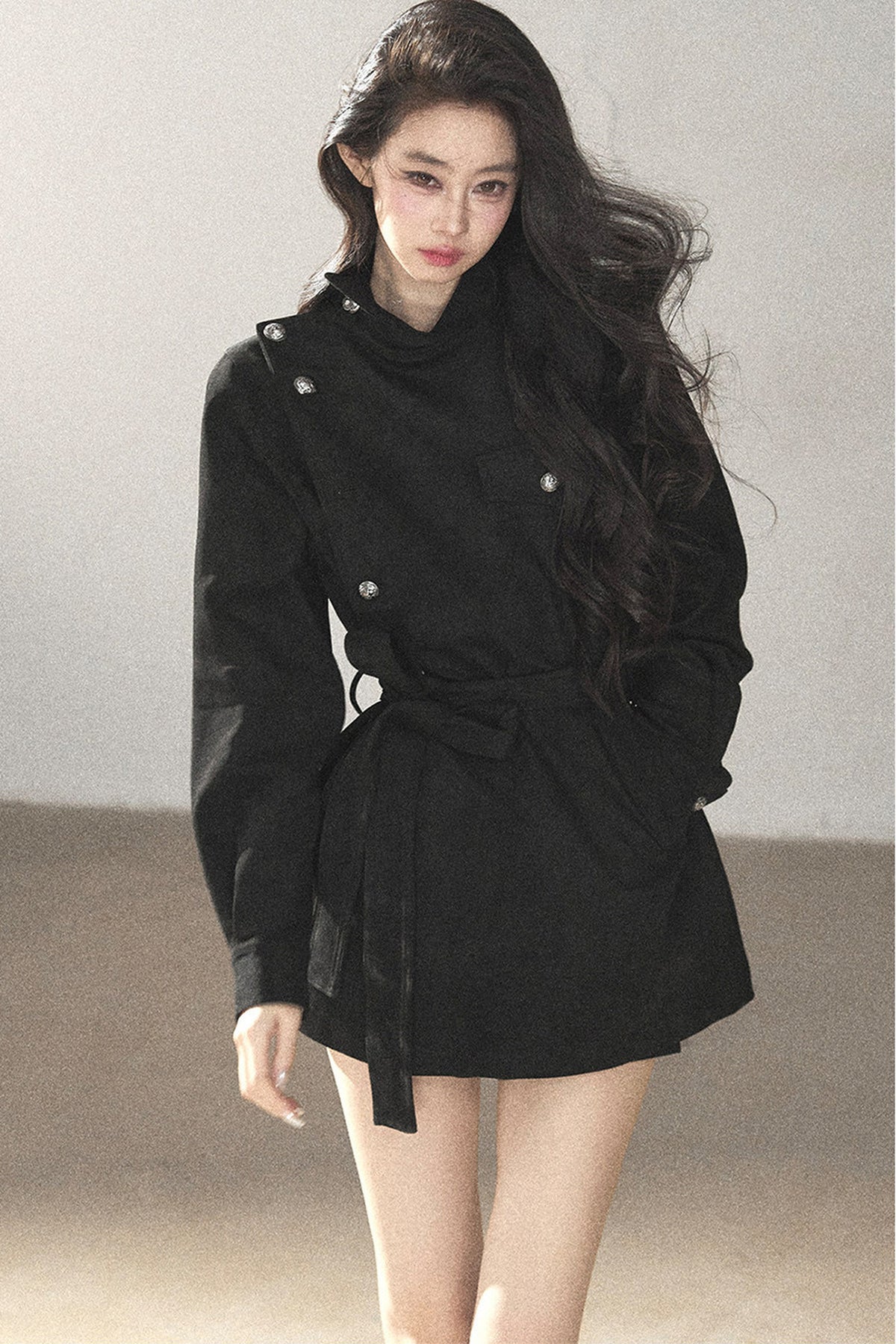 Ruffled High-Neck Trench Coat