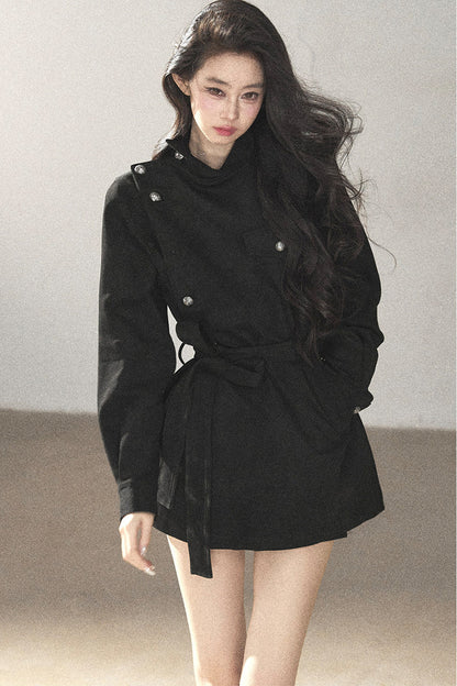 Ruffled High-Neck Trench Coat