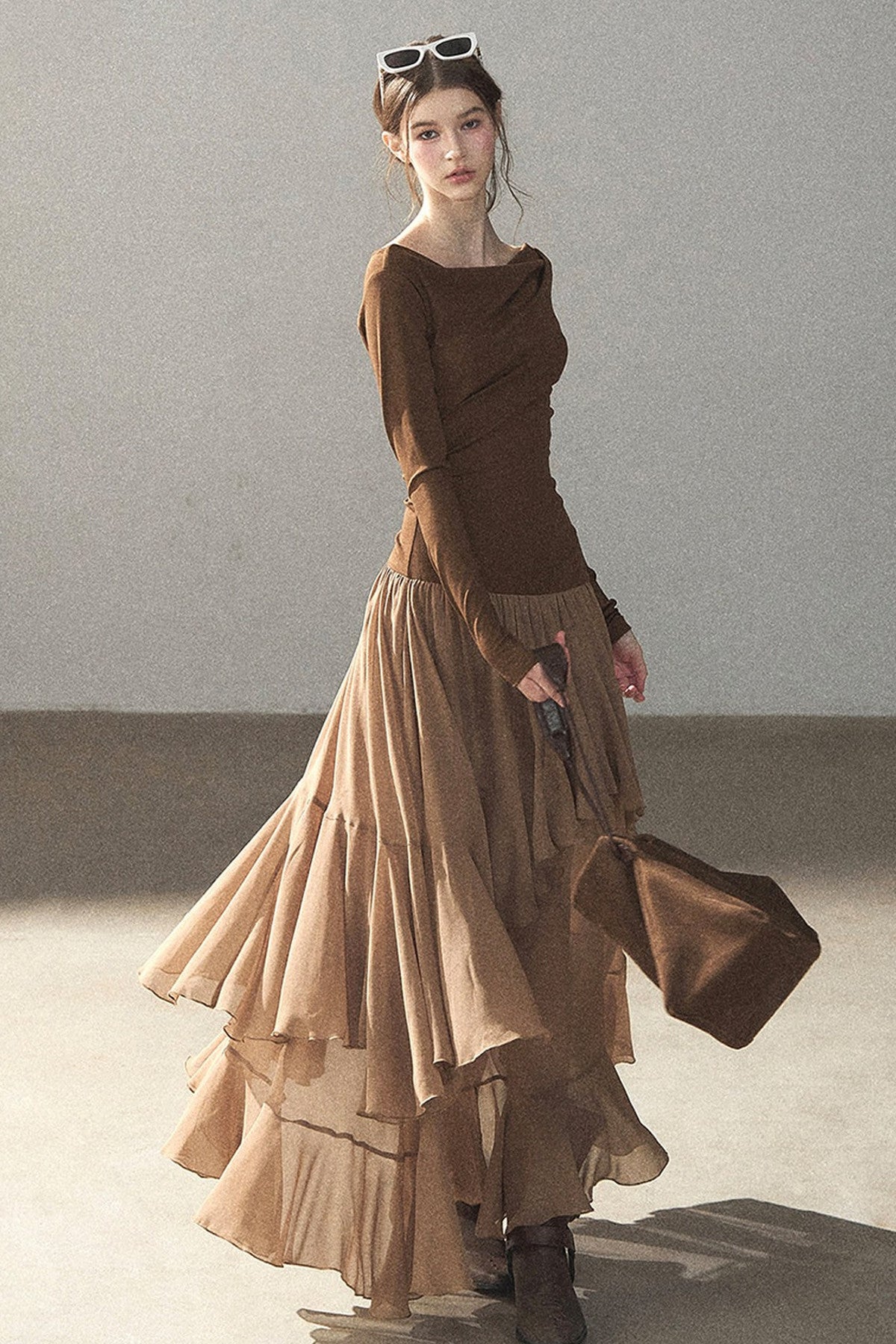 Layered Patchwork Flared Long Dress