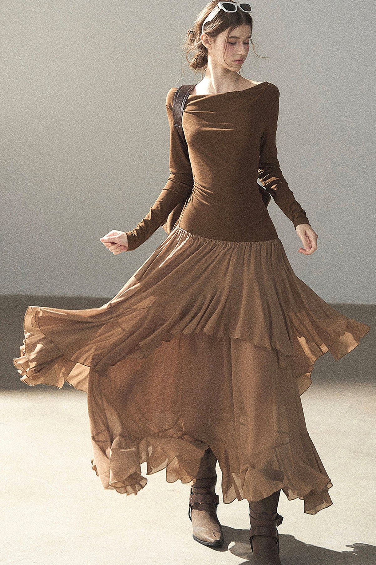 Layered Patchwork Flared Long Dress