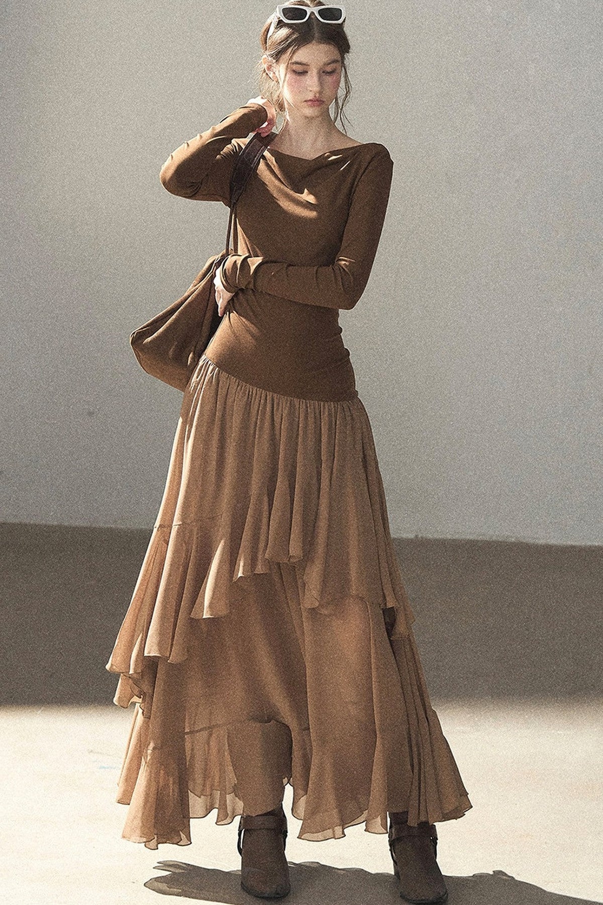Layered Patchwork Flared Long Dress