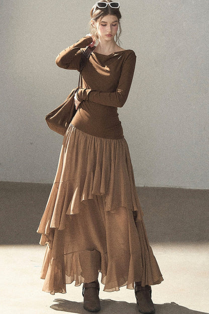 Layered Patchwork Flared Long Dress