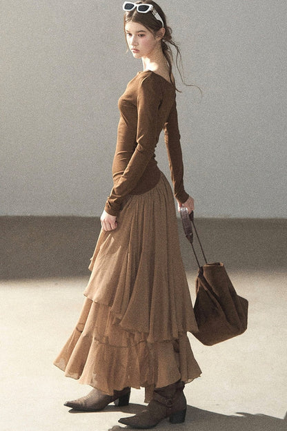 Layered Patchwork Flared Long Dress