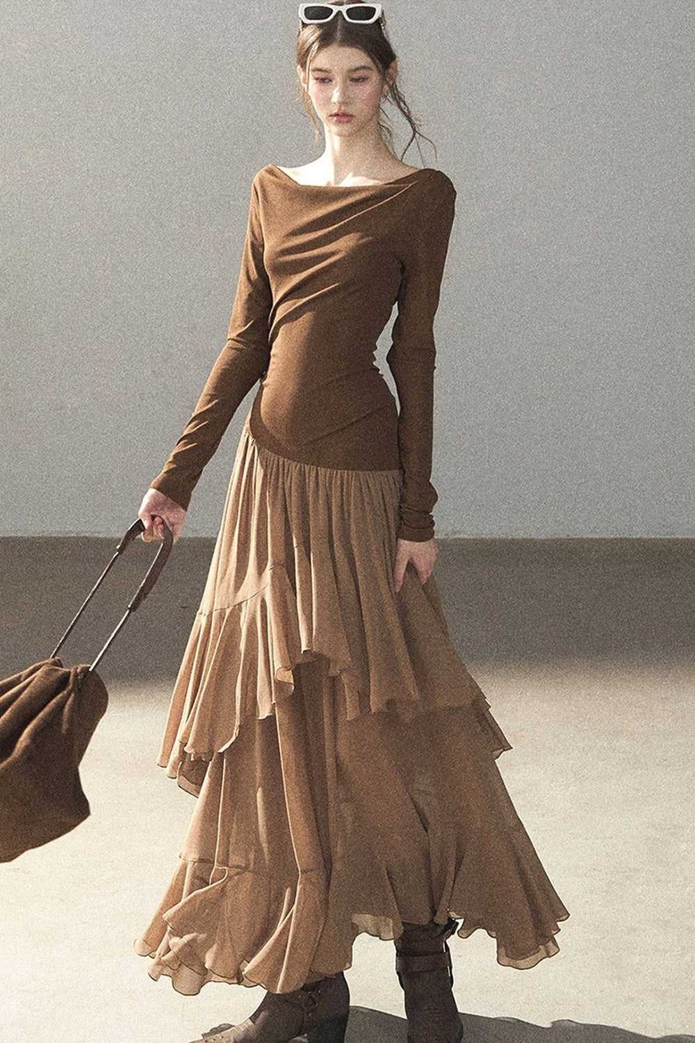 Layered Patchwork Flared Long Dress