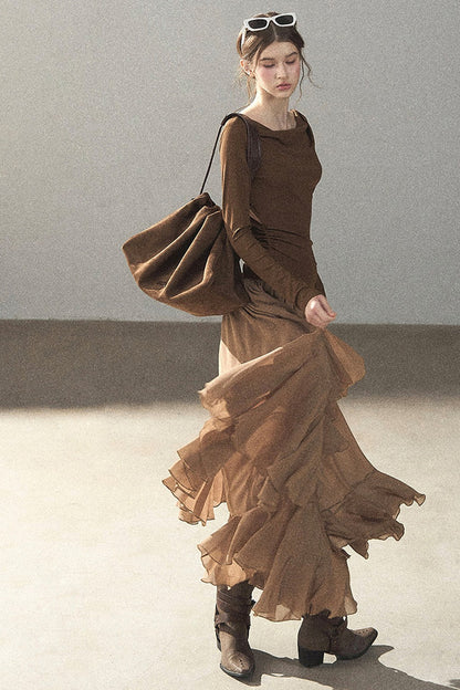 Layered Patchwork Flared Long Dress