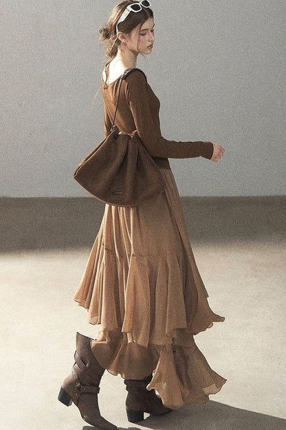 Layered Patchwork Flared Long Dress