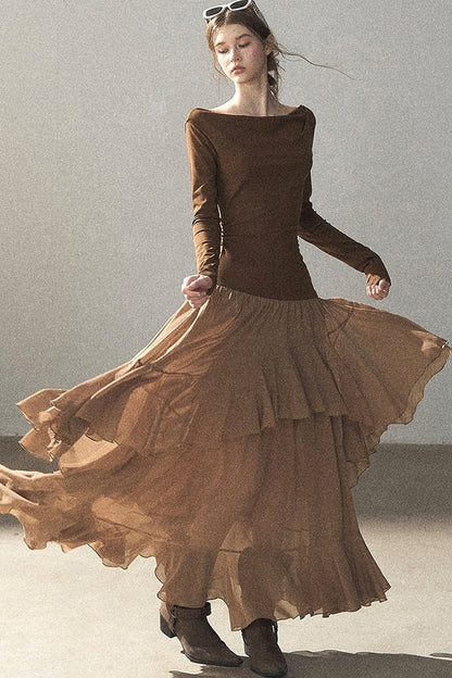 Layered Patchwork Flared Long Dress