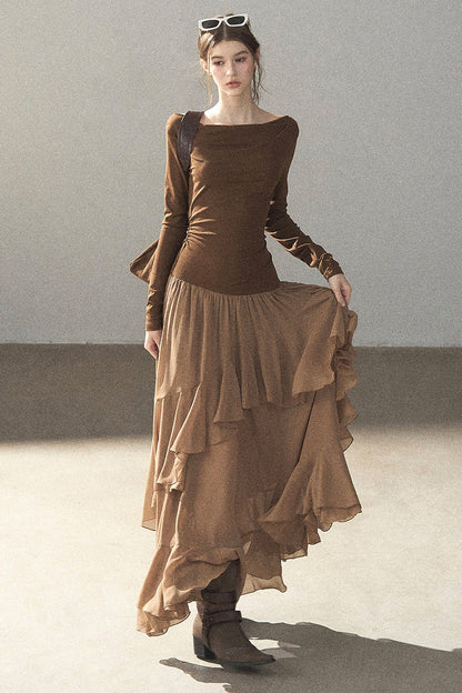 Layered Patchwork Flared Long Dress