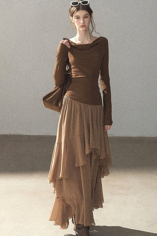 Layered Patchwork Flared Long Dress
