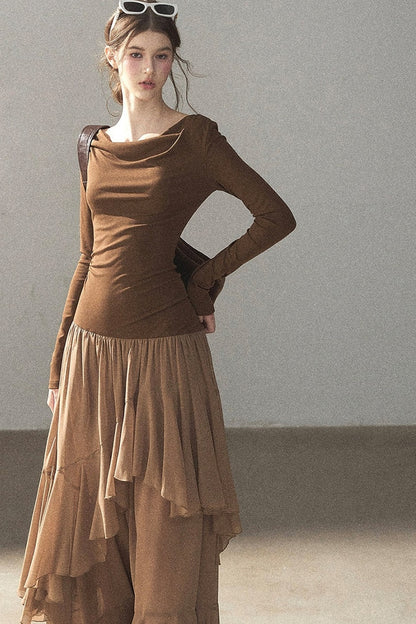 Layered Patchwork Flared Long Dress