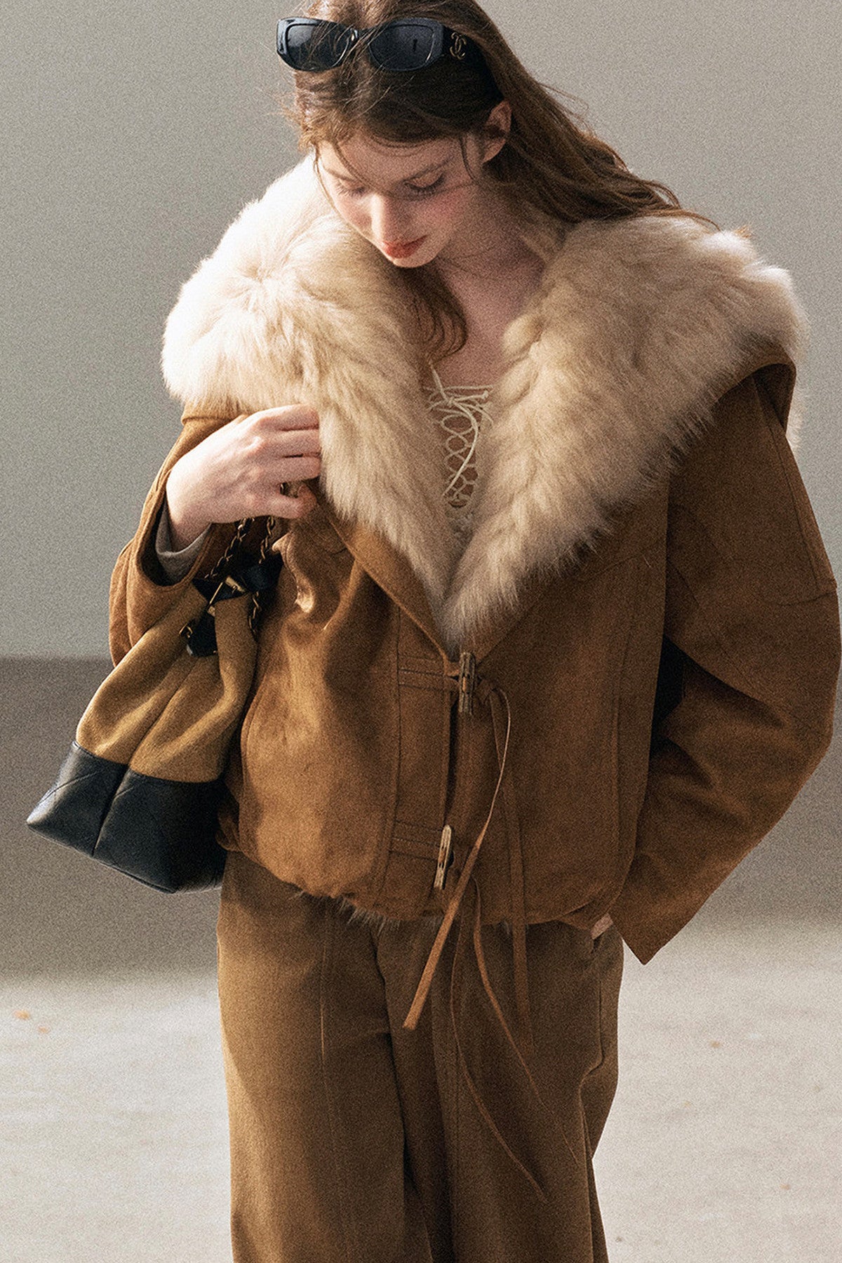 Horn Button Fox Fur Parka Coat
