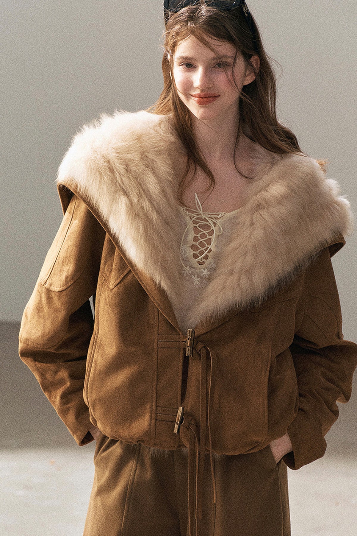 Horn Button Fox Fur Parka Coat