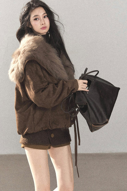 Horn Button Fox Fur Parka Coat