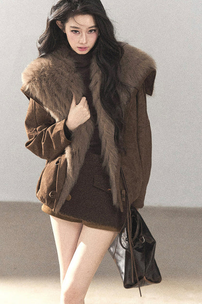 Horn Button Fox Fur Parka Coat