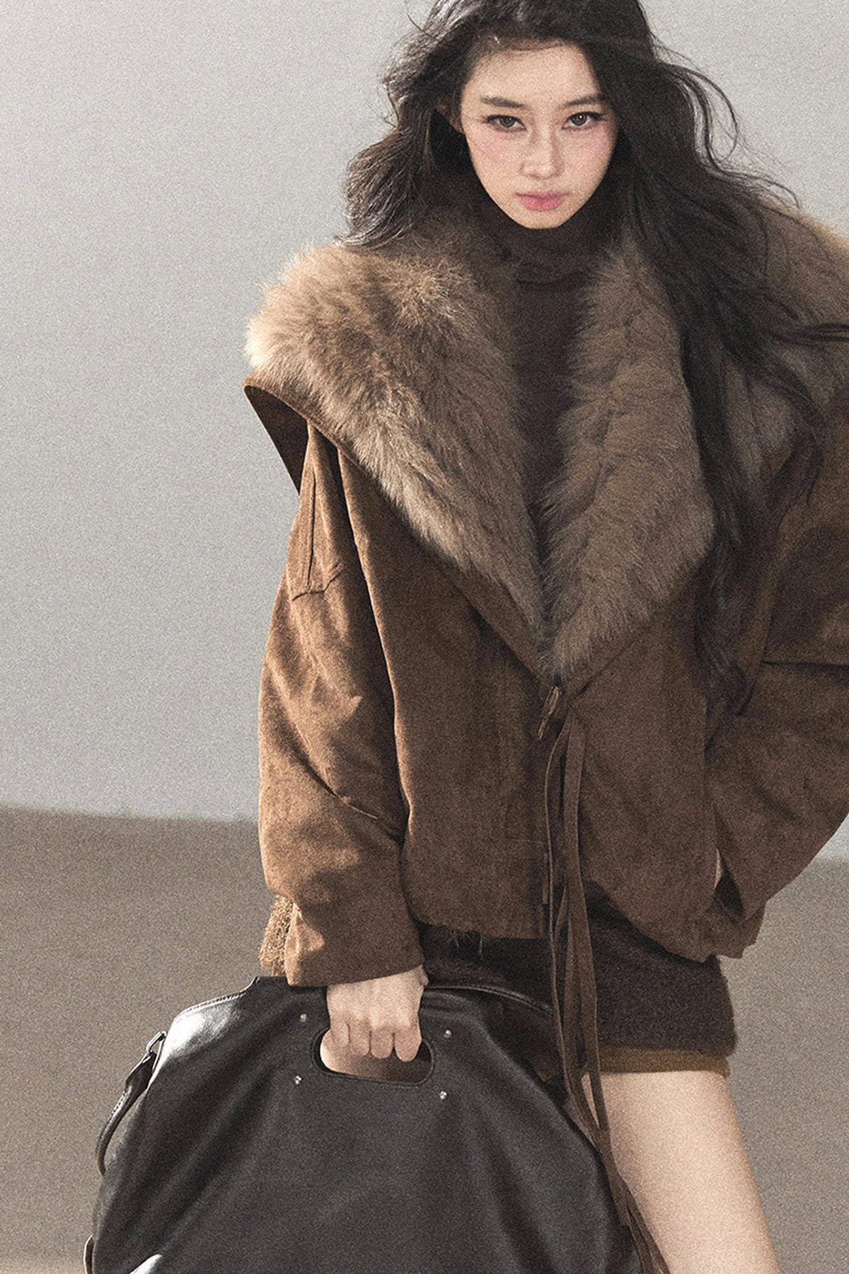 Horn Button Fox Fur Parka Coat