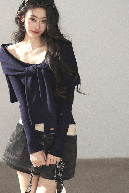 Flowing Twilight Layered-Look Shawl Ribbed Top 
Set
