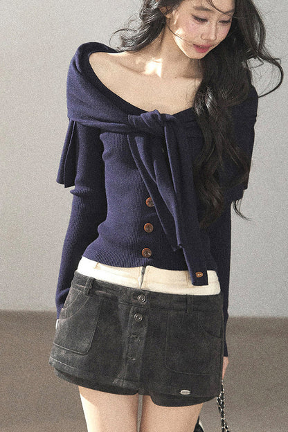 Flowing Twilight Layered-Look Shawl Ribbed Top 
Set