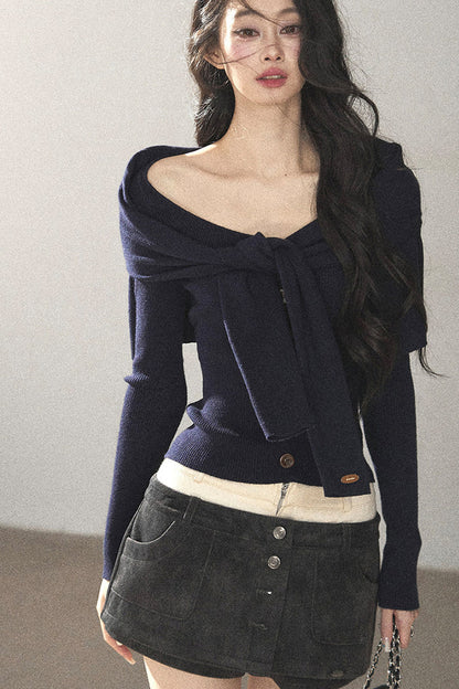 Flowing Twilight Layered-Look Shawl Ribbed Top 
Set