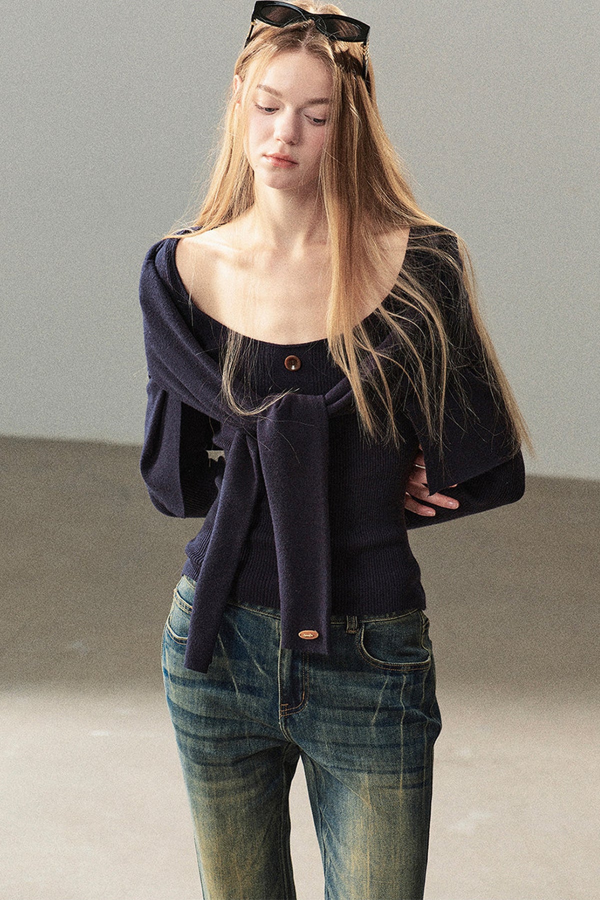 Flowing Twilight Layered-Look Shawl Ribbed Top 
Set