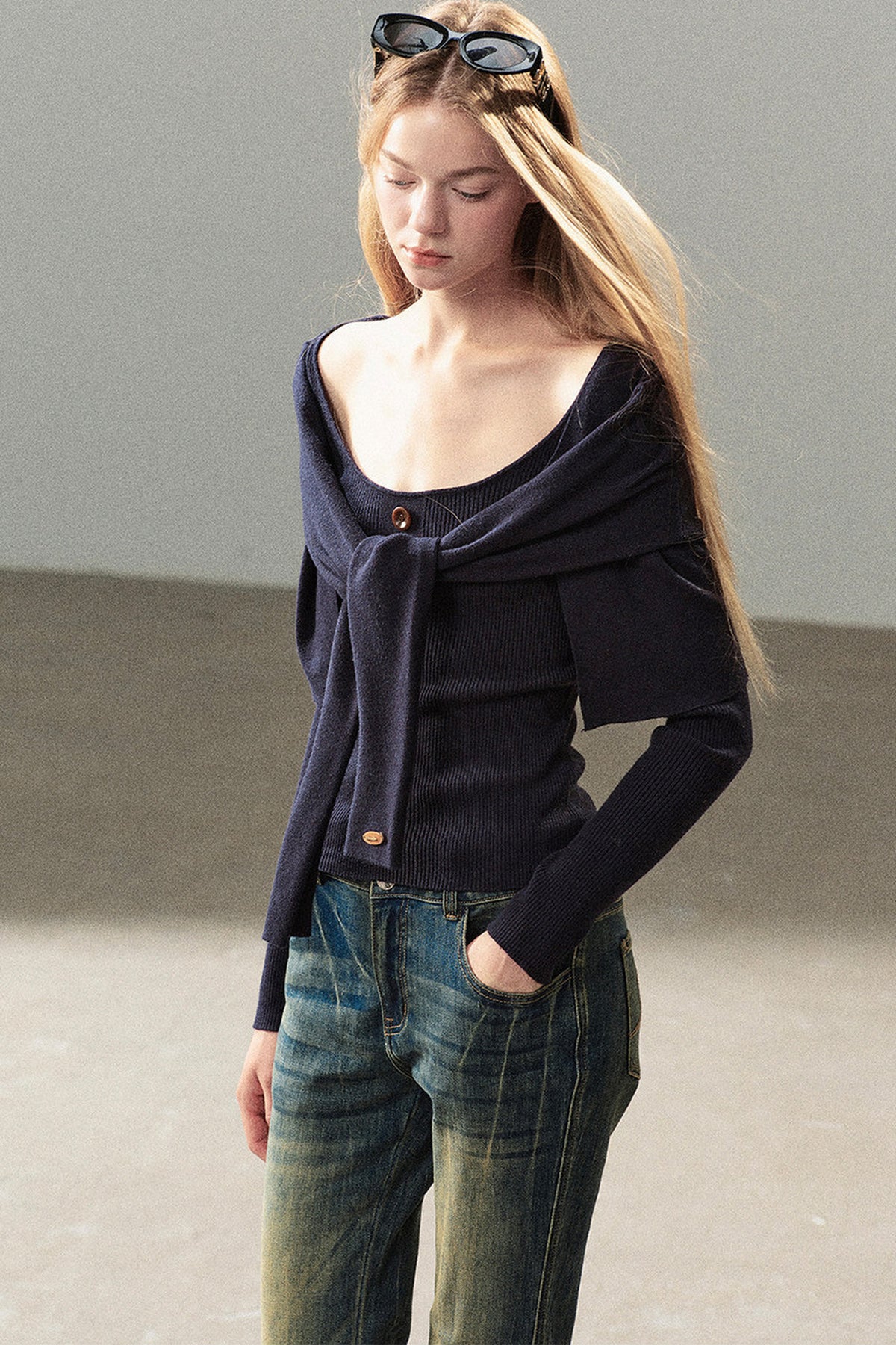 Flowing Twilight Layered-Look Shawl Ribbed Top 
Set