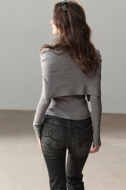Flowing Twilight Layered-Look Shawl Ribbed Top 
Set