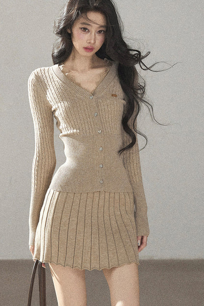 Oatmeal Knit Cardigan and Ribbed Skirt Set-Up