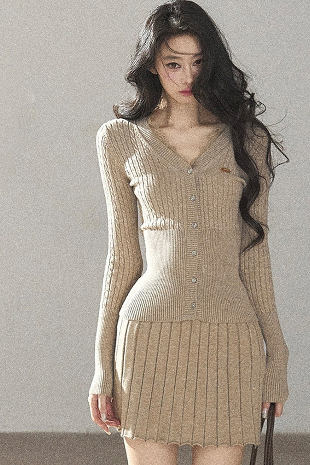 Oatmeal Knit Cardigan and Ribbed Skirt Set-Up