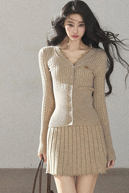 Oatmeal Knit Cardigan and Ribbed Skirt Set-Up
