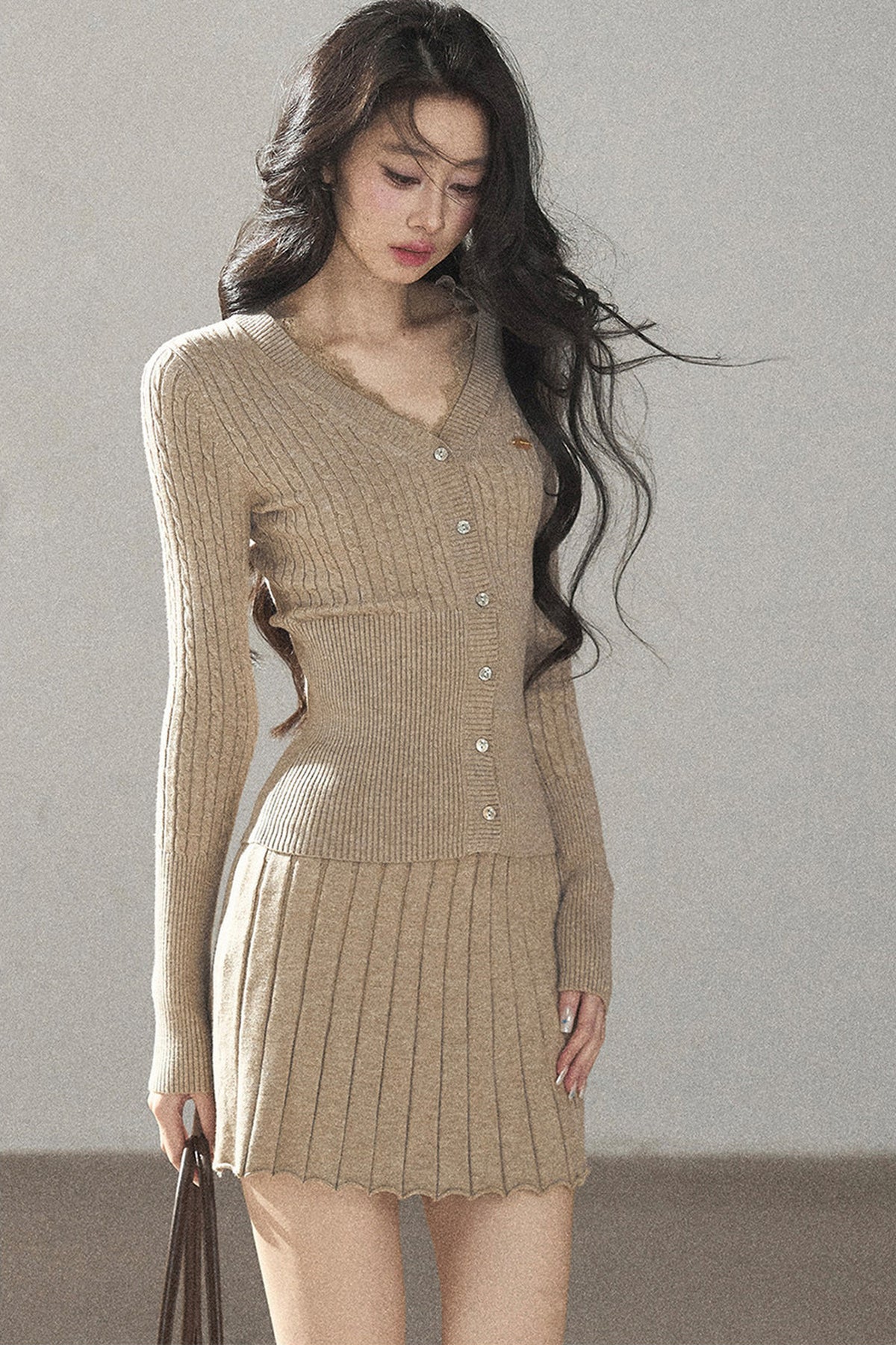 Oatmeal Knit Cardigan and Ribbed Skirt Set-Up